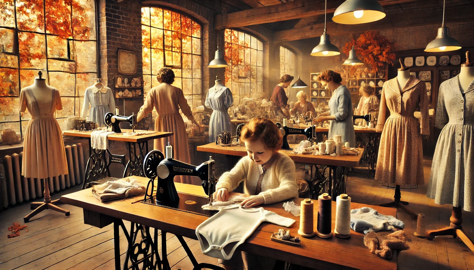 Frauen und Mädchen beim Nähen in einer Werkstatt im Herbst des Jahres 1950