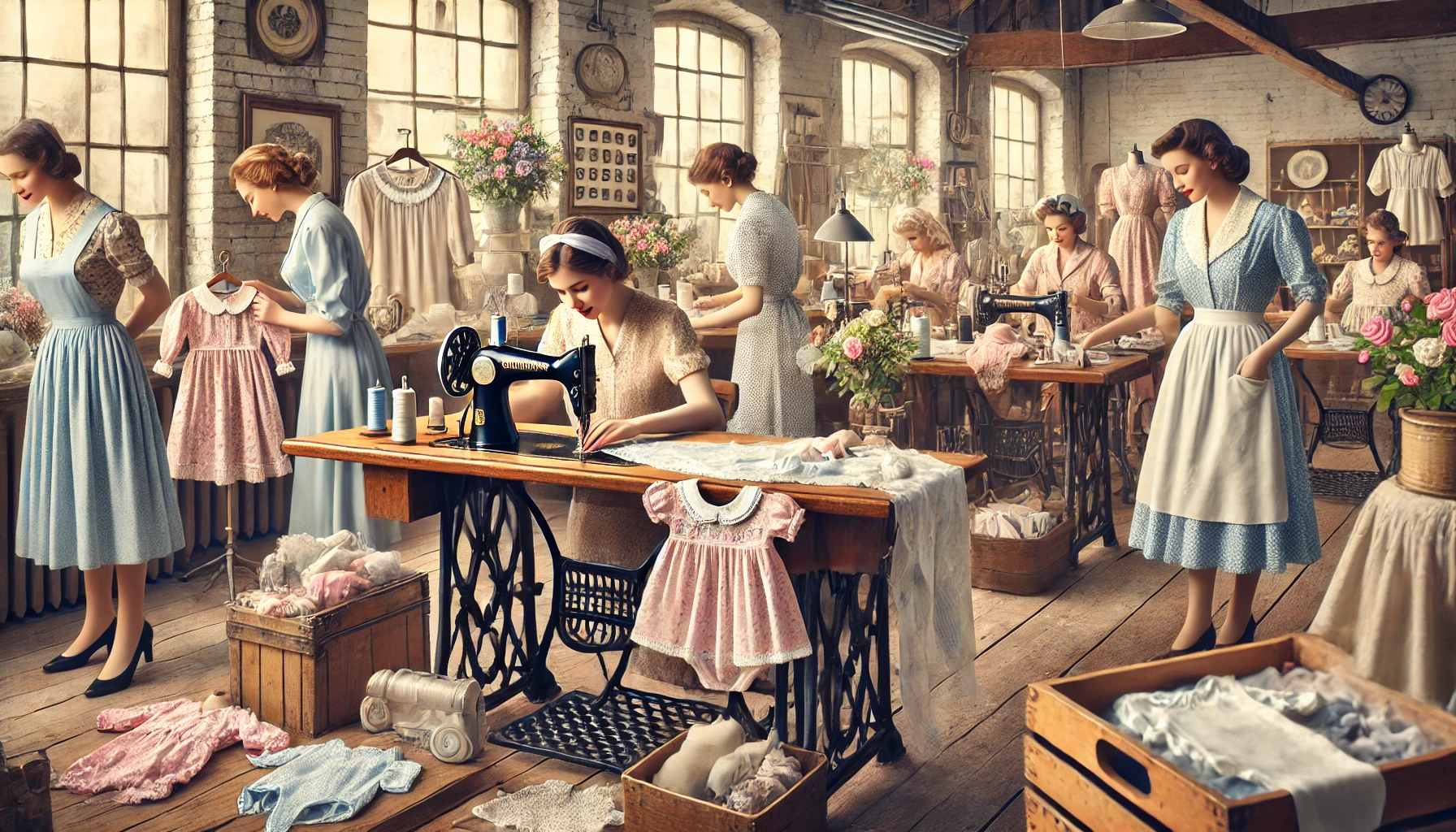 Frauen beim Nähen in einer Werkstatt im Frühling des Jahres 1950