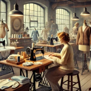 Frauen beim Nähen in einer Werkstatt im Winter des Jahres 1950