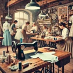 Frauen beim Nähen in einer Werkstatt im Jahr 1950