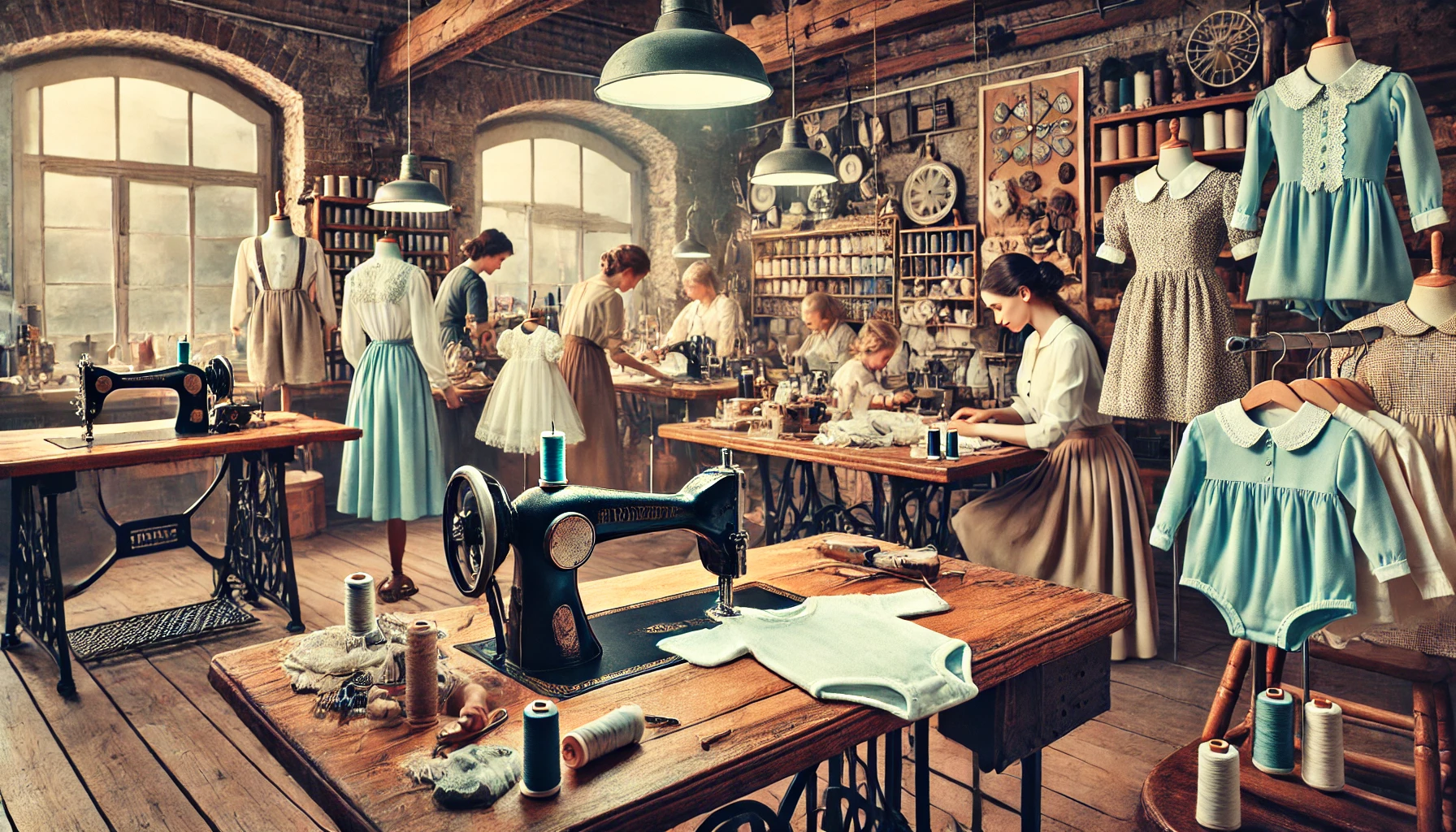 Frauen beim Nähen in einer Werkstatt im Jahr 1950